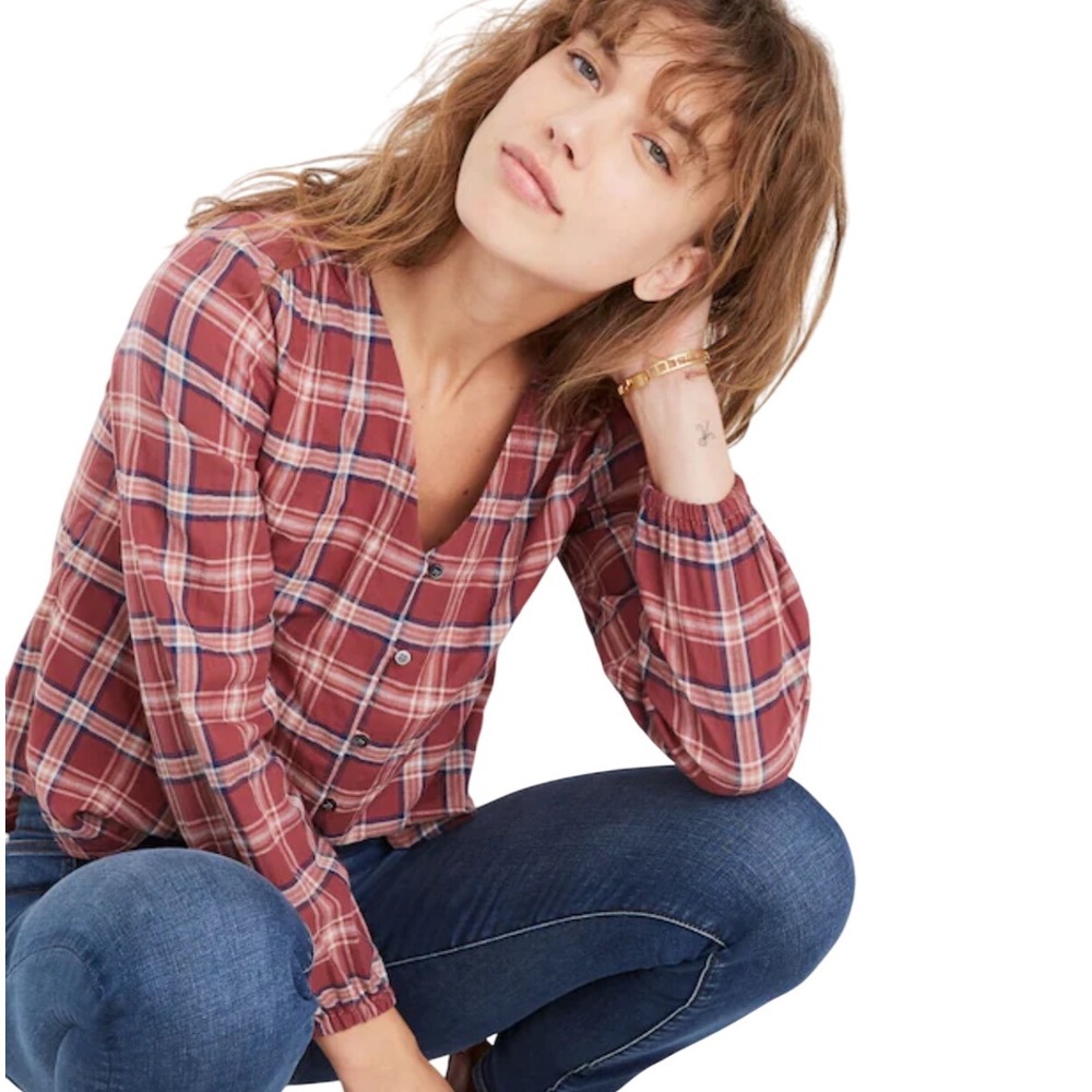 Madewell V-Neck Button Down Shirt in Stratfield Plaid Women's Medium Retail: $78